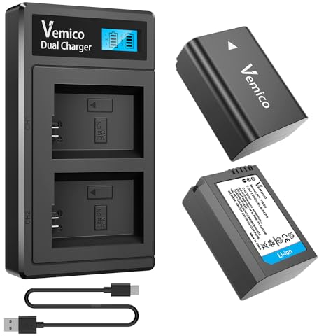 Vemico NP-FW50 Batterie Chargeur Kit 2 Pack 1200mAh Remplacement Batteries Type-C LCD Chargeur Double pour A7/A7ii/A7rii/A7sii/A6500/A6400/A6300/A6000/ZV-E10 (Compatible avec l'original)