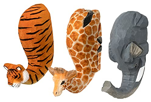 Wandhaken Safari Family Tierköpfe - Garderobenhaken aus Holz 3er-Set Elefant, Giraffe, Tiger, 13 x 10 x x 5 cm
