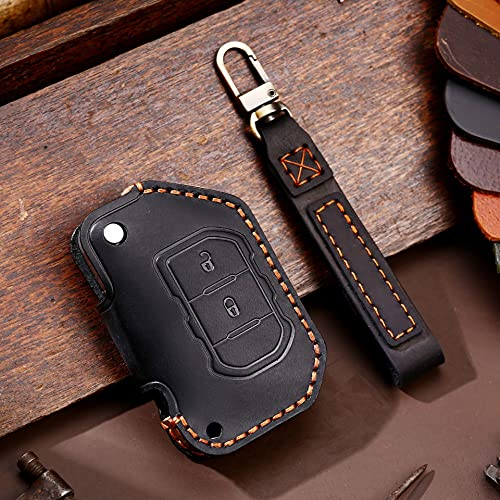 ontto Autoschlüssel Hülle Cover Passt für Wrangler JL Gladiator JT 2018-2021 Zubehör Schutzhülle Leder Schlüsselhülle Schlüsselanhänger Schlüssel Schutz Etui 2 Tasten-Schwarz