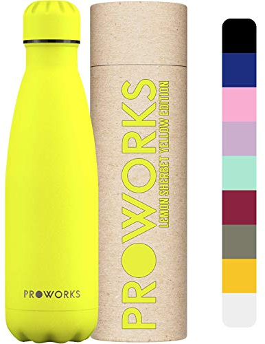 PROWORKS Bouteille d'eau Isotherme, sans BPA, Gourde INOX Reutilisable pour Maintien Chaud de 12 Heures & du Froid Jusqu’à 24 Heures, pour Sport, Gym, Voyage - 350ml - Lemon Sherbet Yellow