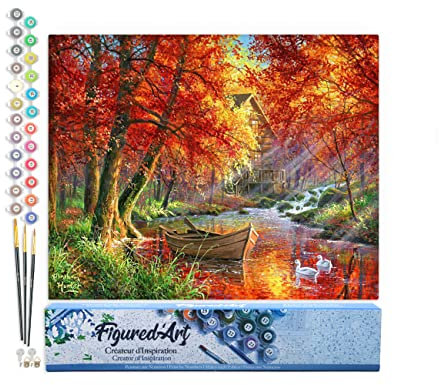Figured'Art Peinture par Numéro Adulte Rivière d'automne et barque - Activité Manuelle Kit de Loisir Créatif DIY Numéro d'Art Complet - 40x50cm sans châssis en bois
