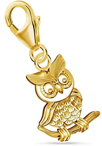 Goldene Hufeisen Vogel Eule auf Ast Karabiner Charm Anhänger für Bettelarmband aus 925 Sterling-Silber Vergoldet