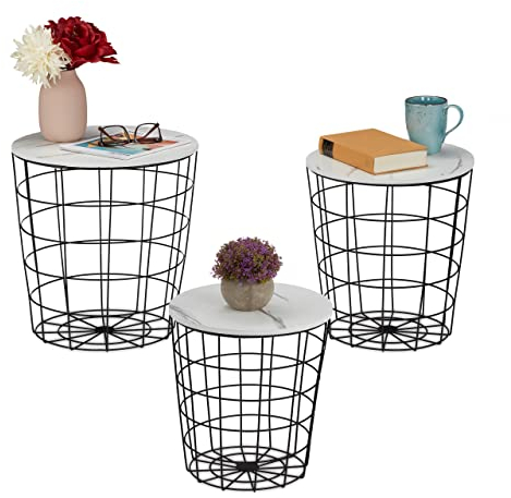 Relaxdays Korbtisch 3er Set, Beistelltisch in 3 Größen, Metall & Marmoroptik, Stauraumtisch für Wohnzimmer, schwarz/weiß