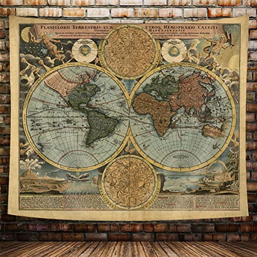 Vintage-Weltkarte-Wandteppich, antike alte nautische Weltkarte, Wandkunst, historische Atlas-Geografie, Retro-Wanderweh-Piraten-Wandbehang, für Schlafzimmer, Wohnzimmer, Wohnheim, 152 x 101 cm, Braun