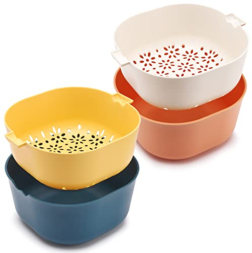 Kitchen Colanders Bowl Set (2 Sets 2.5 Qt), Large Fruit Vegetable Washing Sink Strainer Basket, BPA Free, Dishwasher Safe, Orange White Blue Yellow