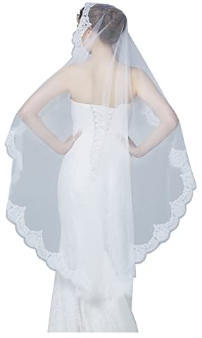 BEAUTELICATE Schleier Lang Brautschleier Mantilla Wimpern Spitzenborte für Braut Hochzeit Rohes Weiß Elfenbein Walzer Kathedralen 1 Schicht,Elfenbein - Walzerlänge