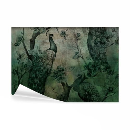 decomonkey Fototapete Pfau, 350x256 cm, Vintage Retro Kunst Blumen Tiere | Vogel, beige, grün, Vlies, Schlafzimmer, Wohnzimmer, Tapete, Fototapeten, Tapeten, Vliestapete, Wandtapete, moderne, Wand