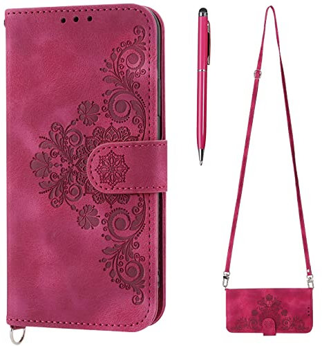 TOUCASA Funda con Cuerda para Xiaomi Redmi 9C / 9C NFC / 10A, Piel Carcasa con Colgante Libro Tapa Flip de PU Cuero Magnético Protección con Colgante Correa de Cuello Cadena Cordón (Rojo)