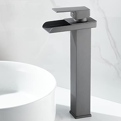 ZYCDP Bad Wasserhahn Wasserfall Pistole grau, Edelstahl Badarmatur Einhebelmischer für Aufsatzwaschbecken, Einhebel Waschbeckenarmaturen, Hoch