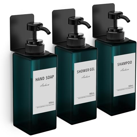 Anhow 3er Seifenspender Wandbefestigung Set, 500ml Seifenspender Wand Ohne Bohren Kunststoff Spülmittelspender für Küche und Badezimmer - Blau