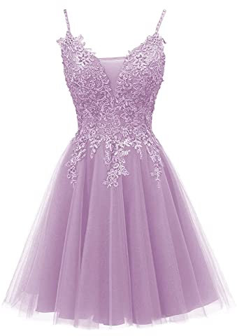 KURFACE Vestidos cortos de regreso a casa, tirantes delgados, apliques de encaje de tul para adolescentes, vestidos de fiesta con espalda abierta, Lila, 46