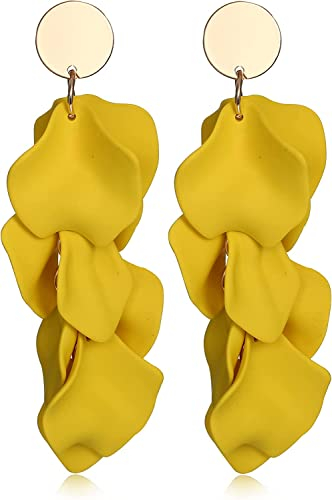 Diamday Acrylic Clip on Earrings for Women Girls Long Rose Petal Earrings Vintage Dangle Exaggerated Flower Earrings Elegent Drop Statement Floral Tassel Earrings Colourful Stud Earrings Yellow