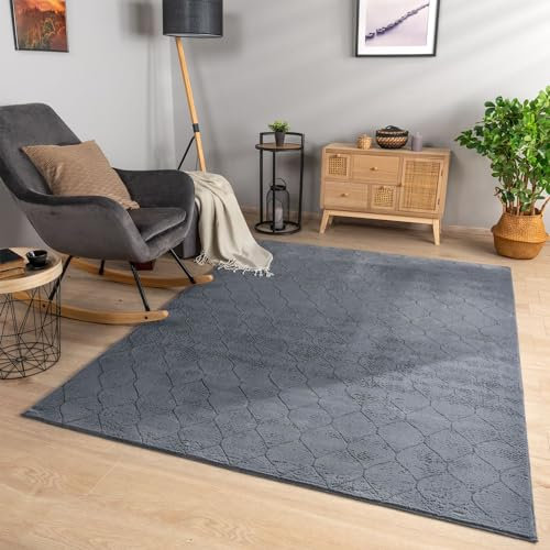 TT Home Wohnzimmer Teppich Esszimmer Kurzflor Geometrische Optik Skandi Boho Unifarben, Farbe:Dunkelgrau Anthrazit, Größe:60x100 cm