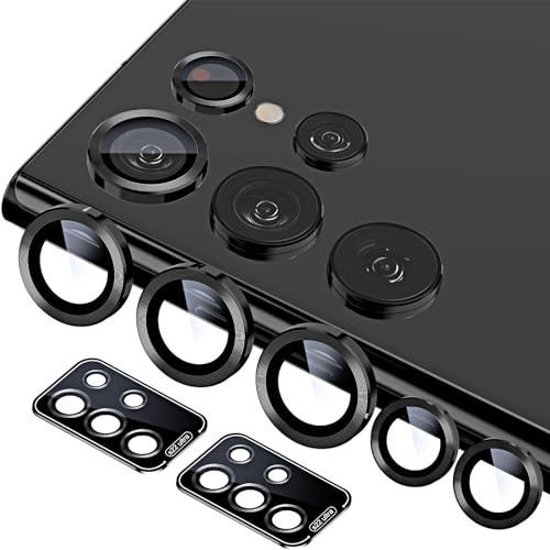 QUESPLE for Samsung Galaxy S22 Ultra Camera Lens Protector [2 Set], HD Scratch-Resistant Ultra-Thin Galaxy S22 Ultra Tempered Glass Camera Protector Film, Metal Ring Camera Cover, Black