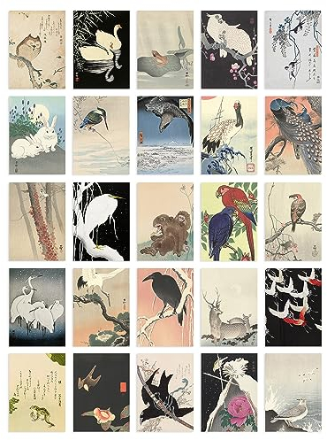 Artery8 50 Pcs Japanese Art Collage Kit Ohara Koson Woodblock Paintings Wall Art Prints A6 Set Pack 14.8 x 10.5 cm (5.8 x 4.1) Room Decor Poster Collection Kachō-e