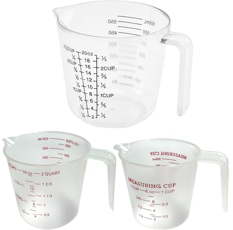 Set di 3 brocche misurate in plastica, misurino da cucina, cottura e cottura, misurino adatto al microonde, set di misurazione facile da leggere per tazze grandi (250 ml, 500 ml, 600 ml