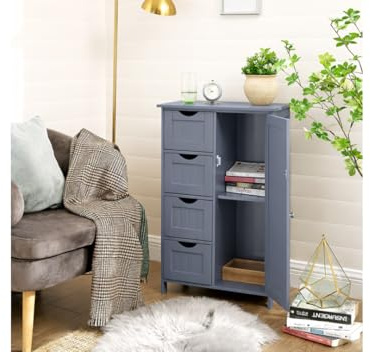 Bathroom Floor Cabinet Cupboard Free Standing Wooden Cabinet Storage Unit with 4 Drawers & 1 Door, Adjustable Shelf, Grey