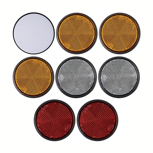Runde Reflektoren zum Ankleben, 8 Pack, Orange, Weiss und Rot, Ø 60 mm Durchmesser, mit E-Prüfzeichen, Reflektoren für Hänger, Wohnmobil, Katzenauge links rechts, Rückstrahler Traktor Streuscheibe