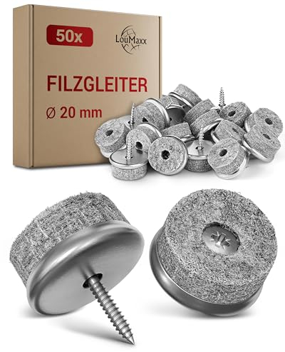 LouMaxx Stuhl Filzgleiter Schrauben rund, Ø 20mm grau - 50er Set Stuhlgleiter mit 6mm dickem Filz & Metalleinfassung - Filzgleiter für Stühle Schrauben - Premium Stuhlbeinschoner Filz auch für Möbel