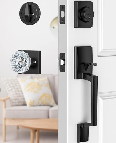 Calzibeno Modern Black Front Door Handle Set with Crystal Glass Knob and Deadbolt, Zinc Alloy, Matte Black, 11 inches