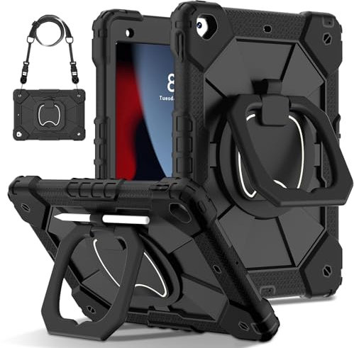 Tablet-Schutz Hülle kompatibel mit iPad 10.2 Hülle Compatible with iPad 9. Generation 2021/ 8. Generation 2020/7. Generation 2019 Robuste, stoßfeste Hülle, Schutzhülle mit drehbarem Ständer + Handschl