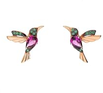Einzelstück® Kolibri Ohrstecker I 925 Sterling Silber Ohrringe im Vogel Design I Handmade mit grünen und pinken Zirkonia Steinen I 14K Gold & Rosegold I Allergikerfreundlicher Echtschmuck (Rosegold)
