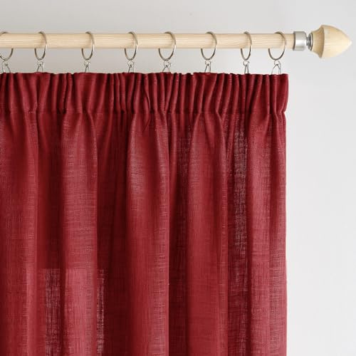 Woaboy Leinen Gardinen Vorhänge Kräuselband 2er 140x245cm Weinrot | Leinenoptik und halbtransparentes Gewebe für Wohnzimmer und Schlafzimmer, moderne Stores mit weichem Licht.