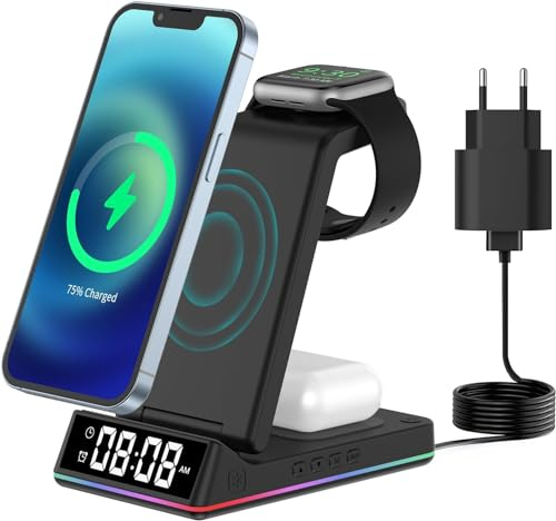 ETELIAR Chargeur sans Fil 5 en 1, avec veilleuse d'horloge Chargeur Induction iphone 15W Station de Charge Apple for iPhone 16/15/14/13/12/Pro/Max/Plus,iWatch 8/7/6/SE/5/4/2, Airpods 2/3/pro