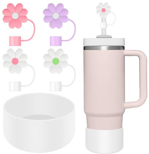 Set of 5 Accessories for Stanley Cup, 4 Silicone Spill Proof Stopper with 1 Water Bottle Bottom Sleeve, Reusable Straw Cover, Cute Colorful Silicone Drinking Straw Lids for Stanley Cup