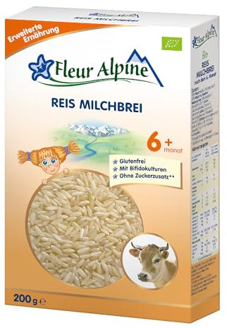 FLEUR ALPINE Bio Reis - Milchbrei Babybrei für köstliches Frühstück, Nahrhafter und einfach zuzubereitender glutenfreier Brei, Babynahrung nach dem 6+ Monate ohne Zuckerzusatz, 3x5 Portionen