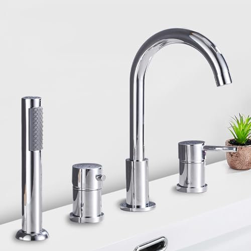 Robinetterie de Baignoire à 4 Trous avec Douchette à Main Mitigeur Robinetterie de Baignoire Ensemble de Douche Robinetterie de Baignoire Chromée