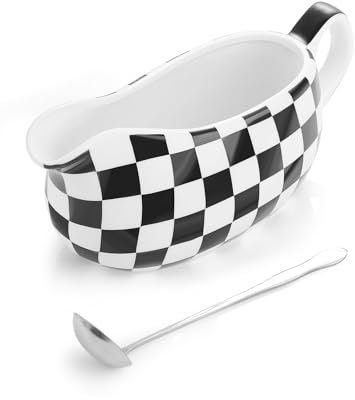 LoeJan 17OZ Gravy Boat with Spoon, Ceramic Sauce Serving Dish, Easy-Pour Big Dripless Lip Spout Serveware Set for Salad Cream Milk Broth Black Pumpkin Thanksgiving
