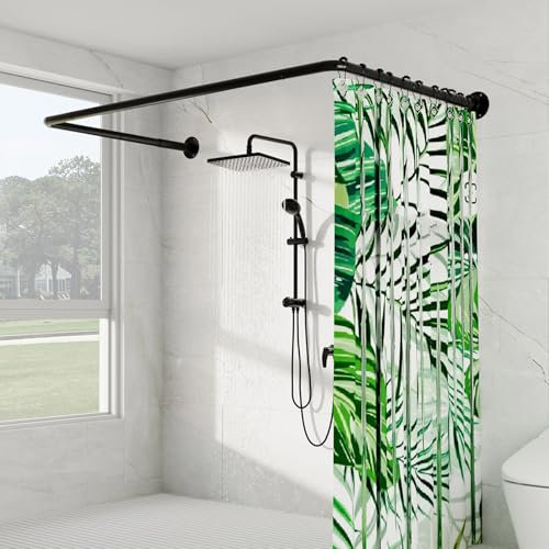 U Shaped Shower Curtain Rod, [Both Sides: 23-52, Middle: 31-46.5] Adjustable U Shape Shower Rod Black Outdoor Corner Curtain Pole for Bathroom Bathtub with Ceiling Support & 12 Hooks