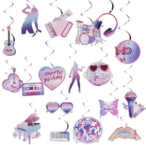 18pcs Singer Theme Party Decorations, Music Birthday Party Decorations Music Themed Cutouts Hanging Swirl Banner Guitar Disco Tape Record Singer Theme Party Supplies for Girls Super Star