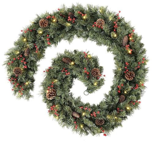 2.7M Christmas Pine Cone and Berry Decorated Garland with 50 Warm LED Lights, Battery Operated, for Xmas Tree Fireplaces Stairs Doors Xmas Tree Garden Yard Decor, 9 feet