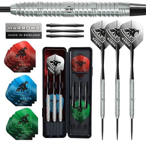 Harrows Sabre Dartpfeil-Set mit 90% Wolframstahlspitze, 21 g bis 26 g, alle Gewichte erhältlich, riesiges 16-teiliges Bündel mit Ersatzschäften, Prime Flights und Reiseetui