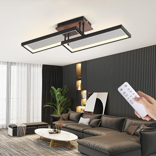 LED Deckenlampe Wohnzimmer Holz Deckenleuchte, 36W/66cm Dimmbar Modern Wohnzimmerlampe mit Fernbedienung, 3000K-6000K, Schwarz Modern Design Rechteckig Schlafzimmerlampe für Esszimmer Arbeitszimmer
