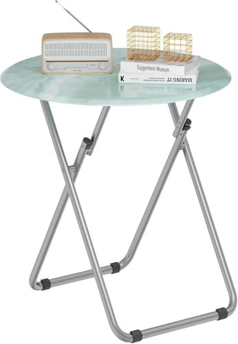 Huhote Round Folding Table, Folding Snack TV Tray Table, Camping Balcony Foldable Tables, Laptop Tables for Small Space Living Room Bedroom Outdoor (Blue)