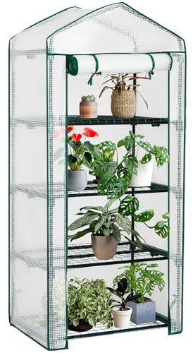 AMHANCIBLE Serre de Jardin, avec Étagères 4 Niveaux, Bâche PE, Anti-UV, Résistante à la Pluie, Toit Pointu, pour Balcon, Intérieur & Extérieur 158x69x49cm EGWH04WT