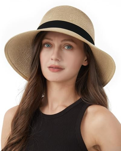 Zylioo L Strohhut Sonnenhut Damen für Großen Kopf, Stroh Strandmütze mit Breiter Krempe,UV Schutz Sommerhut