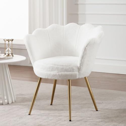 chairus Schminktisch Stuhl, Muschel Sessel aus Teddystoff Armlehnstuhl Loungesessel mit goldenen Beinen Armlehnensessel für Wohnzimmer,Weiß