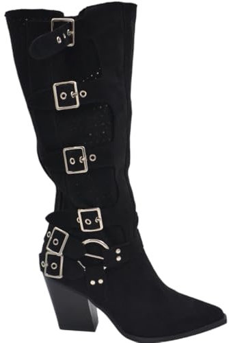 Stivali Estivi Donna camperos forati Nero camoscio con Fibbie e Punta Tacco Cono Legno 7 cm Comodo Texas (39 EU)