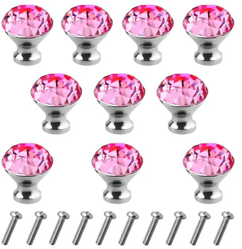 TOVOT 10PCS 30MM Pink Crystal Drawer Knobs with Screws Crystal Door Knobs for Dresser Drawer, Cabinet, Cupboard(Fit 18mm Thickness)