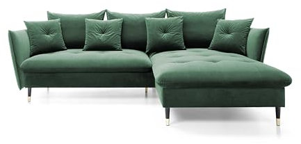 DomoHome Ecksofa Glam mit Schlaffunktion, Freistehend, Ottomane und Goldenen Füßen – Samtsofa im Glamour-Stil für Ihr Wohnzimmer, mit Zierkissen, 258x167x91cm, Rechte Seite GRÜN