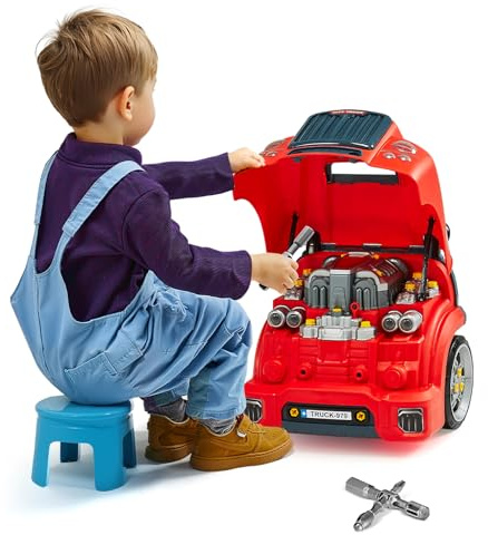 VEVOR Giocattolo Motore, 60 Pezzi, Set Riparazione Auto Meccanico Bambini con Parti Rimovibili, Luci e Suoni, Volante e Clacson, Set Officina Meccanico Bambini, Giocattolo Interattivo, Rosso