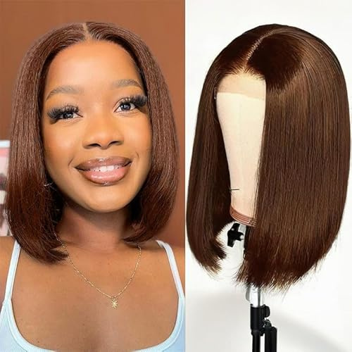 4X4 Lace Frontal Human Hair Wig Natürliche Brasilianische Perücke für Frauen Straight 10 Zoll Natural Women's Wig Lace Bob Wig Human Hair Natural Short Smooth Chocolate Brown#