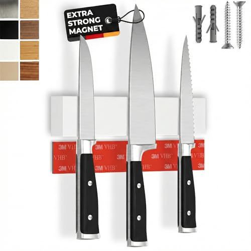 CUCINO Barre magnétique à couteaux autocollante – Vainqueur du comparatif avec aimant extra puissant – Montage facile avec bande adhésive 3M sans perçage, caoutchouc blanc 25 cm