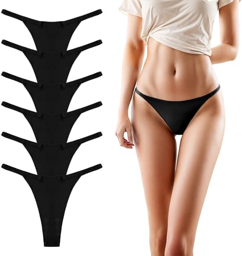 6 Pack Seamless G-string Thongs for Women No Show Thong Underwear Stretch Breathable Low Rise Panties Sexy Underwear (M) Black