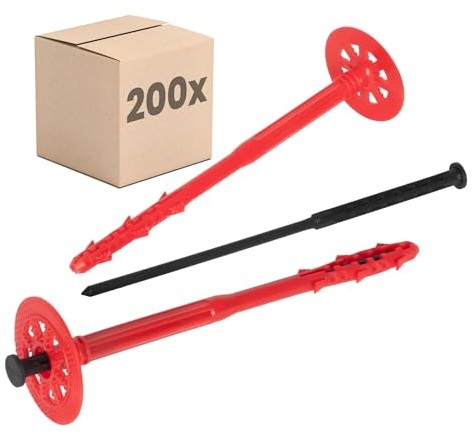 PROTEKTOR 200x Cheville isolation avec clou plastique, kit Ø10 x 200mm | Cheville isolante pour ITE, à frapper ETA, cheville de façade pour isolation, cheville à rosace, pour polystyrène