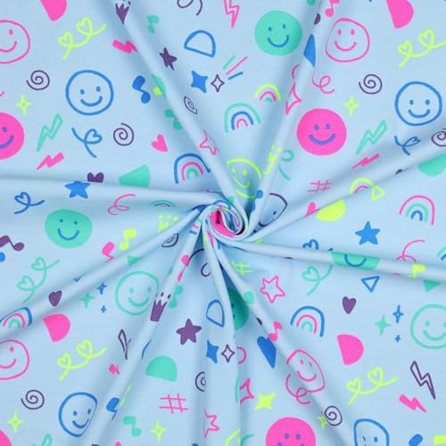 Jersey Stoff Meterware Neon Smileys – Baumwolljersey Blau Bunt, 95% Baumwolle 5% Elasthan, elastischer Kinderstoff fröhlich & weich